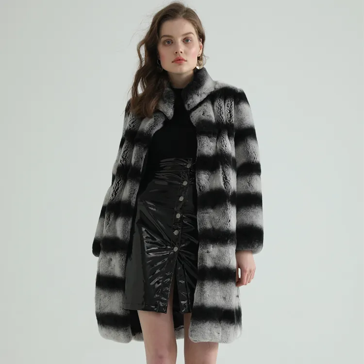 أزياء مخصص أسود رمادي شريط واحد كامل جلد حقيقي أرنب معطف الفرو للنساء