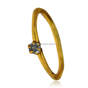 24K Gold Plated Swiss Blue Topaz Prong Set on <b>Thin</b> Sterling Silver Band Wedding <b>Ring</b> - Product Image 1