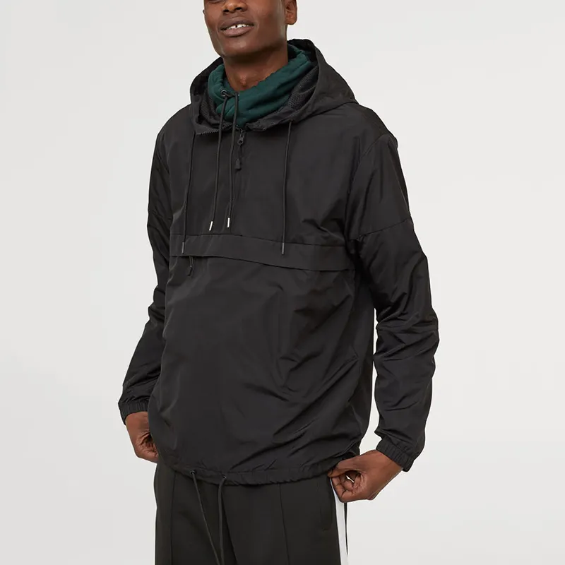 Anorak Met Capuchon 100% Polyester Mesh Voering Pullover Windjack Met Halve Ritssluiting Anti-Water Zwarte Jas