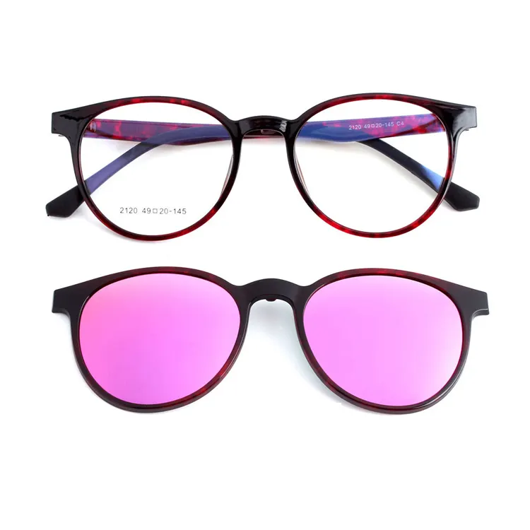 Different colors PC PLASTIC Fashion Eyewear Optical Frame with sun glasses clip 2 in 1 clip on sunglasses
