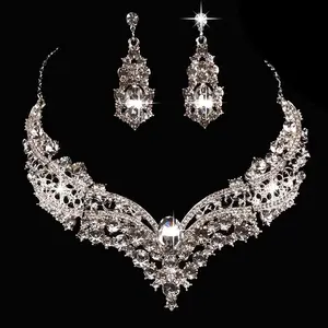 Trend Bridal Kostuum Sieraden Witte Grote Kristal Strass Bib Statement Ketting Oorbel Set