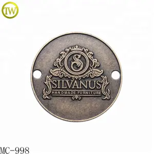 Good quality desk metal name tags antique brass round logo furniture labels brand embossed name plate for sofa