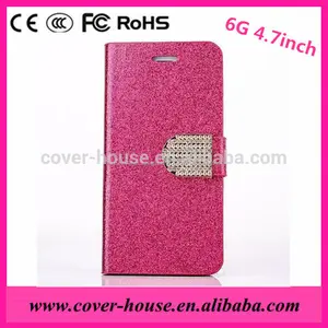 Nouvelle arrivée Bling Bling diamant bouton housse en cuir avec des fentes de cartes pour appliquer iPhone6G 4.7 polegada