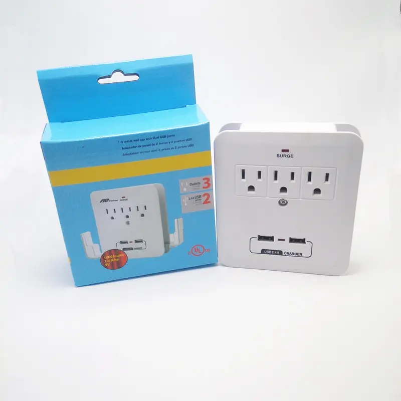 Tiêu Chuẩn mỹ 3 AC Outlet Wall Mount Bảo Vệ Tăng Adapter với Dual USB Sạc Cảng Trong Nhà AC Power Tường Tap Adapter