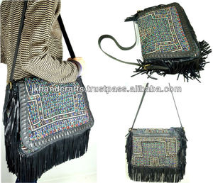 Bolso de mano con flecos de cuero, bolso tote de cuero genuino, bolso vintage de tela, bolso gitano - Product Image 1