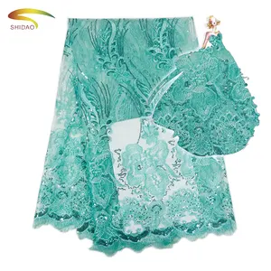 2017 Guangzhou African Latest Light Green Sequin Flower lace fabric for Saree border