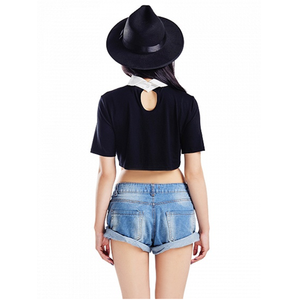 Noir uni lâche femmes recadrée <span class=keywords><strong>t</strong></span>-<span class=keywords><strong>shirt</strong></span> noir blanc filles haut court en gros recadrée à manches courtes <span class=keywords><strong>t</strong></span>-<span class=keywords><strong>shirt</strong></span> - Product Image 2