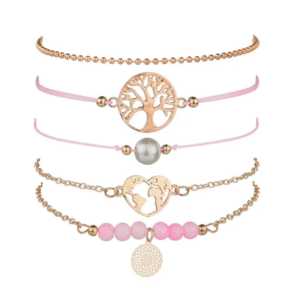 Bracelet en perles pour femmes, de style bohème, corde rose, arbre de vie, breloque,