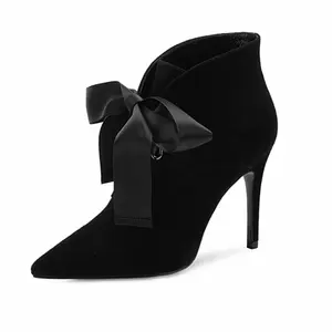 Latest Woman ankle boots suede lace-up black color ladies dress pointed high heels boots 2017 women shoes lady