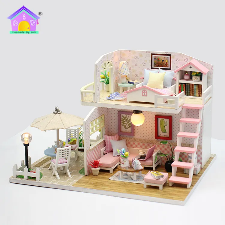 Casa de muñecas en miniatura de madera para niños, casa de muñecas de estilo chino antiguo para Loft, dormitorio y salón, color rosa, exquisita familia