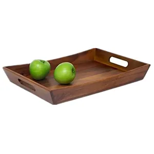 Bandejas rústicas de madera de Acacia, plato Rectangular personalizado curvo otomano, bandeja para servir desayuno, almuerzo, café con asas