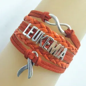 Wholesale Jewelry Handmade Beaded Leather Bracelet LEUKEMIA Cancer Awareness Charms Bracelet