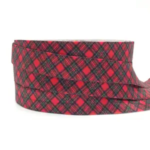 Großhandel Weihnachten Plaid Print Fold Over Elastic 100 Yards/Lot 5/8 "Red Lattice FOE Ribbon Gurtband für Mädchen Elastic Hair Band