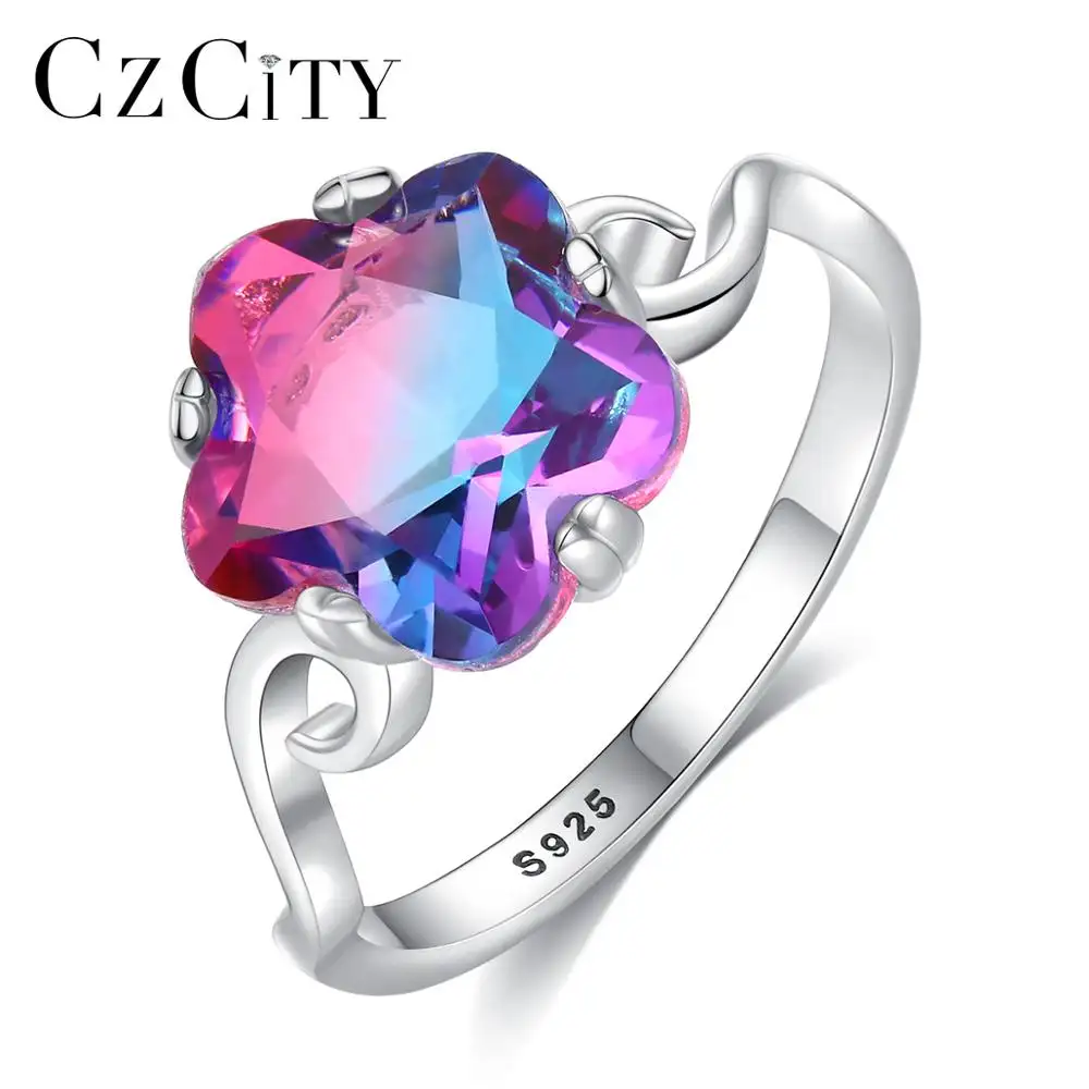 Czcity Kerstcadeau S925 Sterling Ster Regenboog Edelsteen Crystal Gem Stone Silver Fashion Ring Voor Vrouw