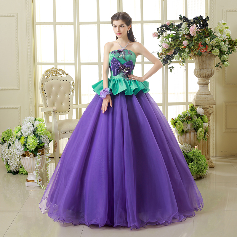 strapless open back dress Elegant Purple Green Beaded Sequin Evening Dress with Cape SS511 – DreamyVow main image 0
