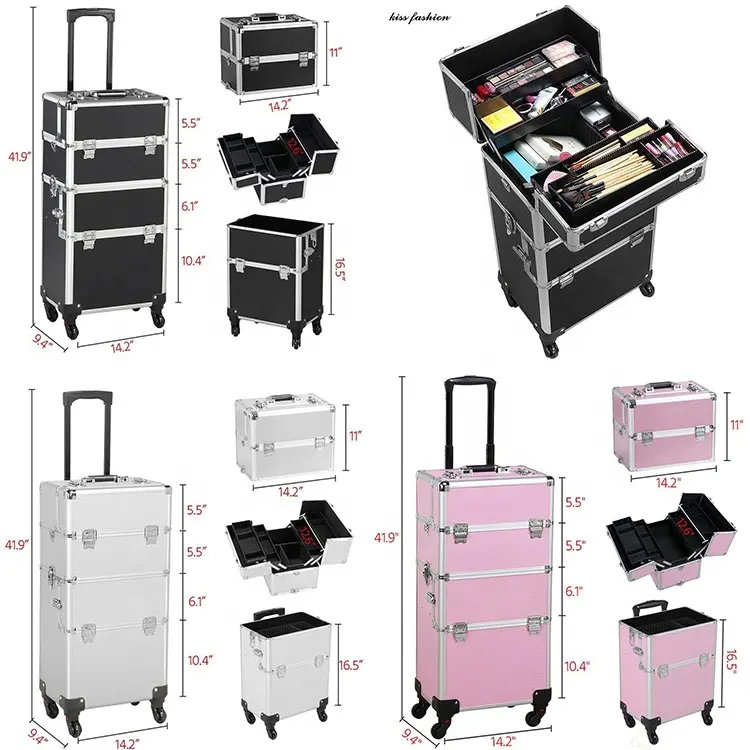 rolling makeup make up nail case, professional aluminum makeup rolling jewelry trolley cosmetic train display case with drawers
