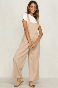 Sexy Women Khaki Loose Side Buttons Linen Cotton <strong>Jumpsuits</strong> and Rompers - Product Image 3