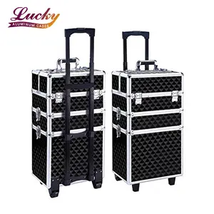 Berlian Hitam Aluminium Dikunci Rolling Makeup Kereta Kasus Kecantikan Artis Perhiasan Trolley Makeup Perjalanan Case dengan 2 Roda