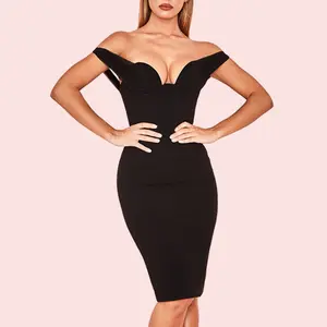 Grosir gaun Bodycon seksi bahu terbuka gaun balutan midi hitam mode klub poliester untuk wanita