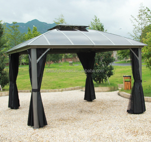Gazebo d'extérieur en aluminium avec structure renforcée en fer, toit rigide en polycarbonate, imperméable, pour patio, jardin, protection solaire, anti-pluie et moustiquaire naturelle - Product Image 1