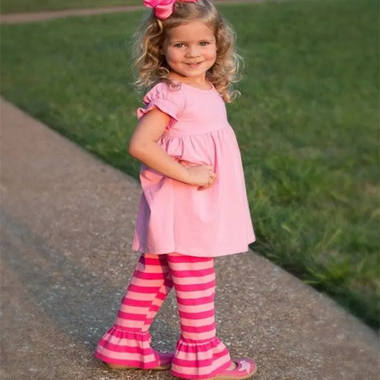 Customized boutique remake children clothing little girls pink stripes baby summer ruffle outfit