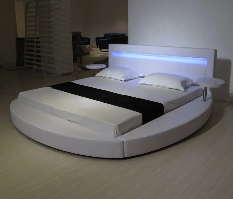 bedroom usage modern PU leather round bed king size round lit with RGB led light