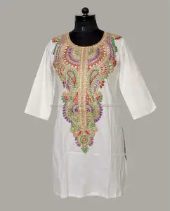 Cotton latest women Kurtis new designs with machine embroidery neck line patch
