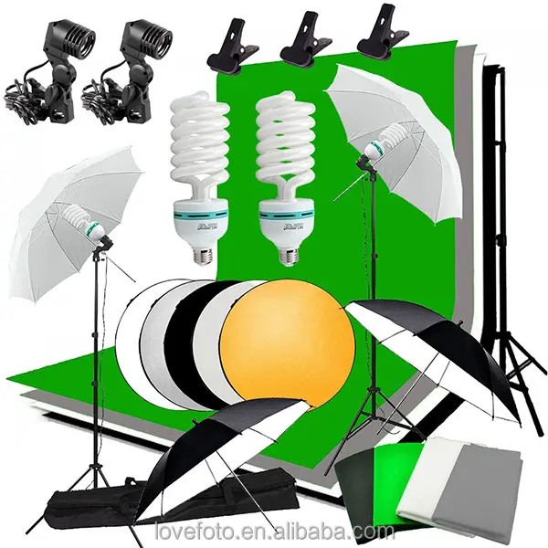 Kit de parapluie de Studio Photo 135W, 5 en 1, ampoules pour 4 arrière-plans, 2x support de lumière, 2x support de fond, 60cm