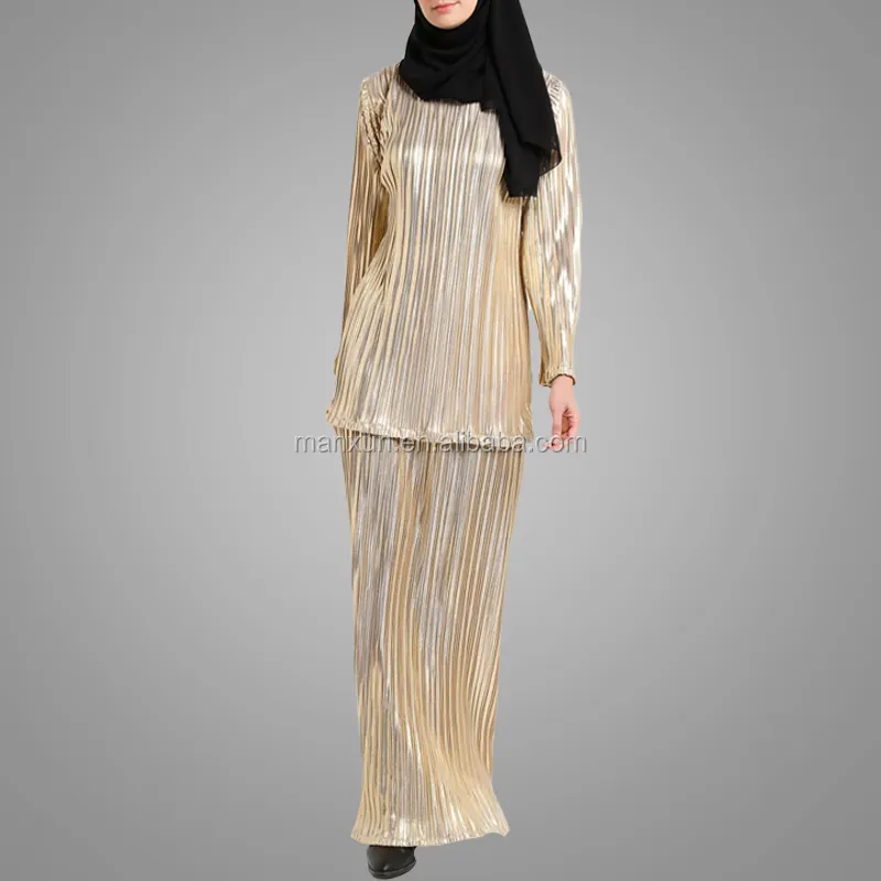 Baju Kurung emas ringan untuk wanita, setelan Baju Kurung modis, bahan lipit gaya Malaysia, Baju Abaya