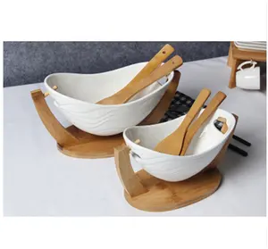 Turkish oval boat shape wavy line white color ceramic salad bowl with stand and spoon