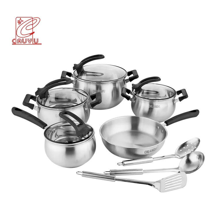 12 pcs stainless steel custom pots and pans sets hot sales cooking pot kitchenware set with 3 kitchen tools