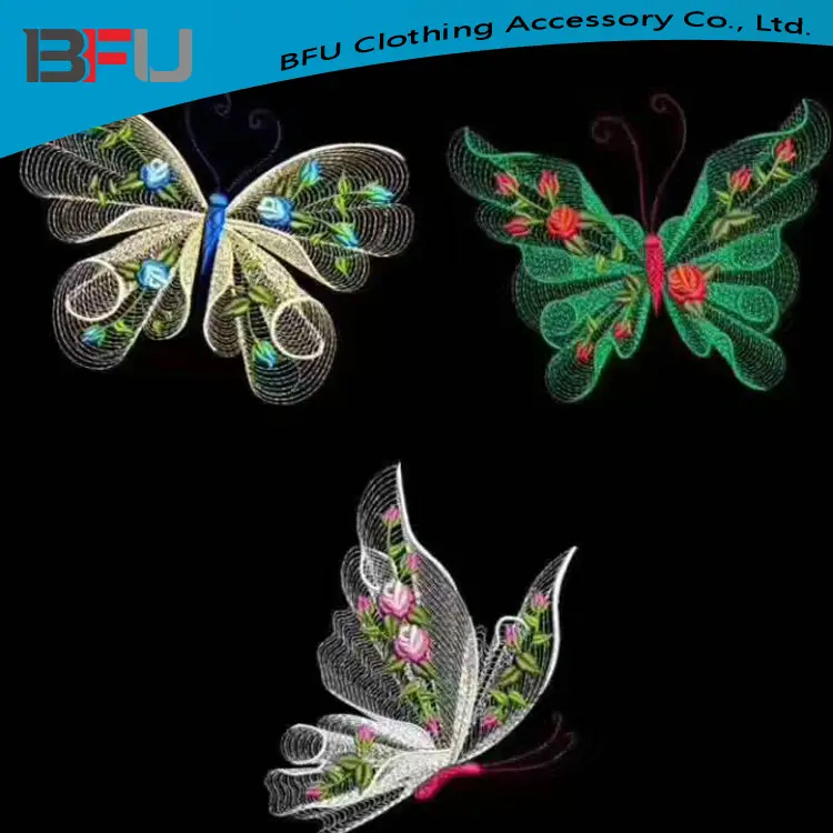 custom new design iron on 3D embroidery patches 3D butterfly fancy butterfly patch