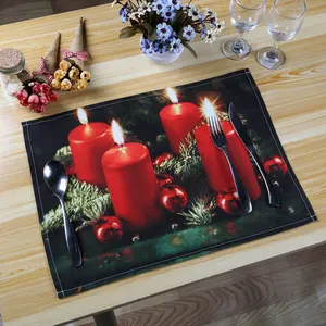 مفرش مربع شمعة حمراء رومانسية ودافئة, مفرش عيد الميلاد