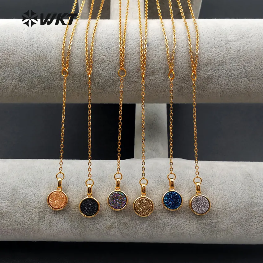 WT-N1095 Wkt Groothandel Nieuwe Ontwerp Y Shaped Real Vergulde Bezel Titanium Druzy Agaat Ronde Tiny Charm Ketting