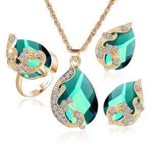 New Model Trendy Gold Tone Teardrop Gemstone Rhinestones Paved Necklace Earrings Ring Costume Jewelry Set