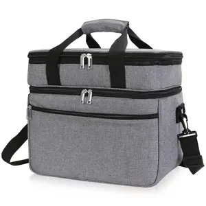 Double Compartment Cooler Bag Soft Insulated Thermal Cooling Picnic Box With Large Pocket Lunch Grocery Travel Camping Ice Pack