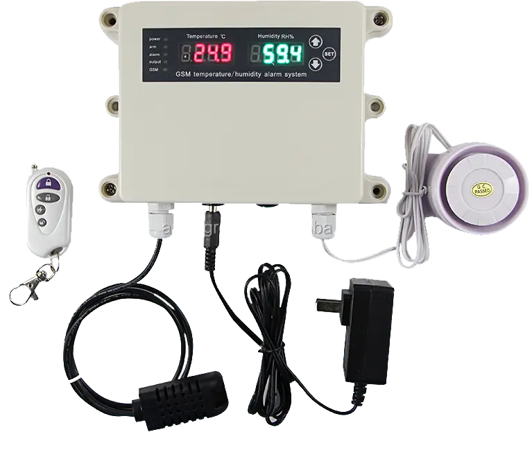 Venta superior GSM inteligente controlador de temperatura humedad máquina 4 relés ampliamente uso de la temperatura y sensor de humedad