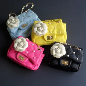 2018 Children Cartoon Handbag Chain Handle Bags for Kids Mini Pearl Ornament and Floral Girls Shoulder Handbag