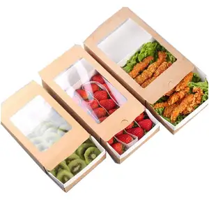 Cartón desechable personalizado para llevar comida, cartón extraíble, caja de cartón para ensalada de frutas con logotipo, ventana transparente