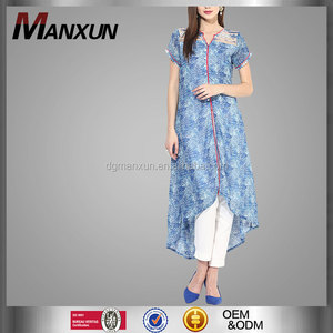 Azul Impreso V-cuello Largo Vestido Asimétrico Diseño de La Muestra Que Fluye Vestido de <span class=keywords><strong>Manga</strong></span> Corta - Product Image 1