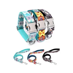 New fashion cool design Bohemian style metal zinc alloy buckles high quality polyester luxury dog leash collars personalized