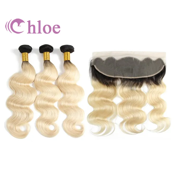 Wholesale Cuticle Aligned Raw Virgin Body Wave ombre 613 Blonde Human Hair Weave #613 Bundles With Frontal Closure