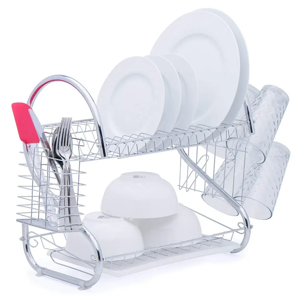 Wholesale Over The Sink 2 Tier Dish Drying Rack,Custom Kitchen Metal Wire Over Sink Stainless Steel Folding Dish Drying Rack
