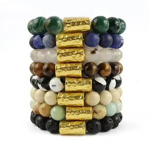 BRP1601 Fashion 10mm natural gemstone beaded bracelet,gold plated hammered Tube elastic bracelet