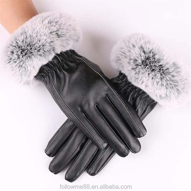 Guantes cálidos de piel de conejo para mujer, guantes de piel de conejo con puños, a la moda, para invierno, 2021