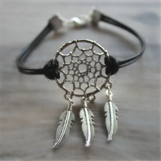 Silver Tone dromenvanger dreamcatcher Veer lederen Armband verstelbare