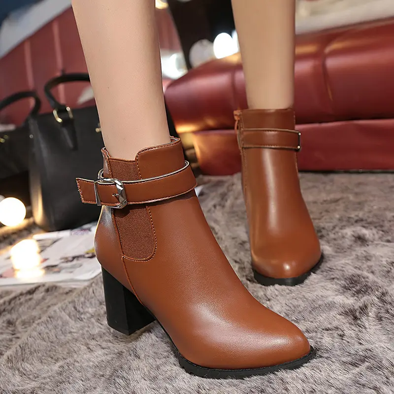 Autumn and winter latest women's leather boots Pointed boots thick heel Side zipper high heel plush warm ladies boots