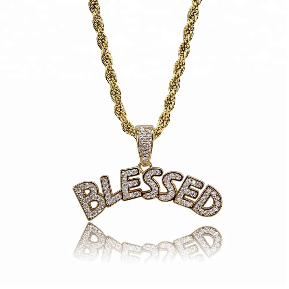 Iced Out Cubic Zircon Bubble Letters BLESSED Pendant Necklace Bling Hip Hop Festival Jewelry