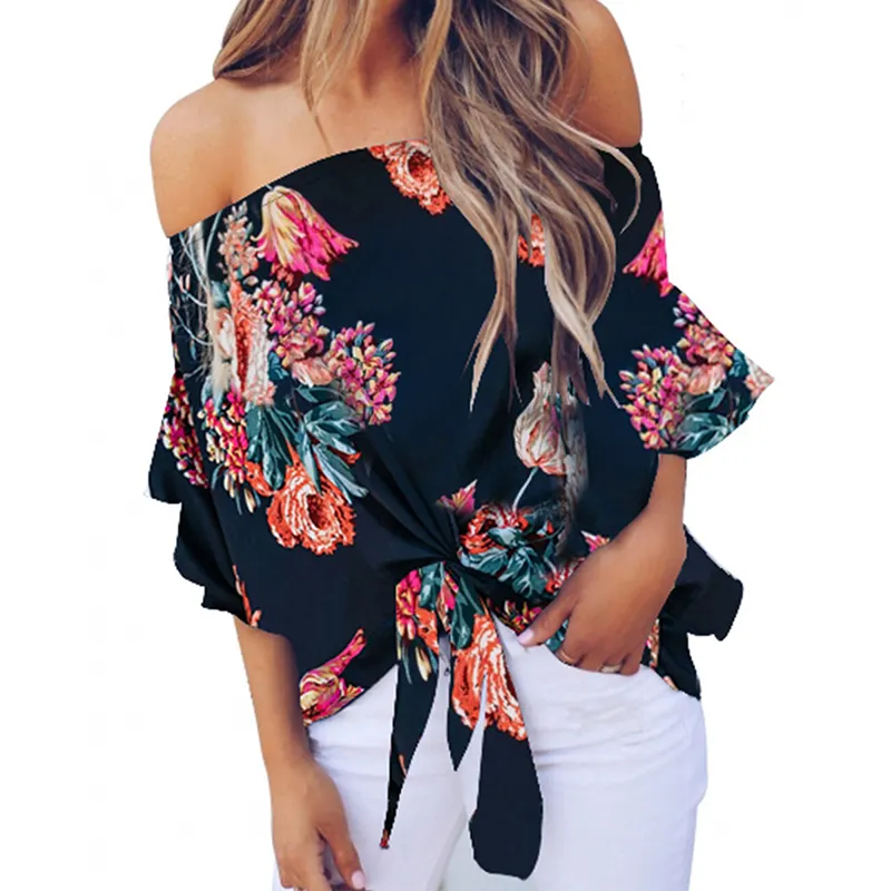 Großhandel Off Shoulder Floral Tie Front Damen Chiffon Bluse