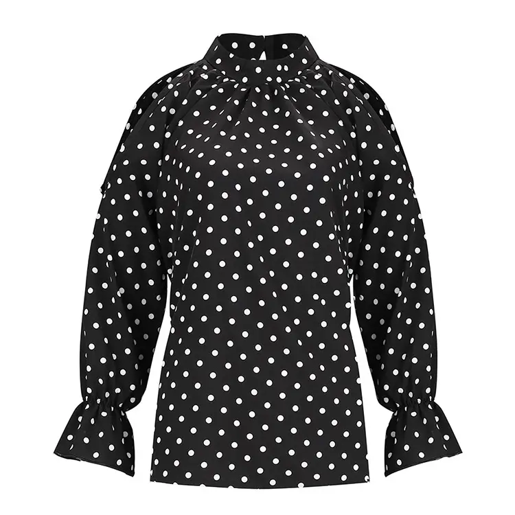 Blus Wanita Motif Polka Dot Hitam Putih, Blus Leher Bulat Lengan Panjang Motif Polka Dot